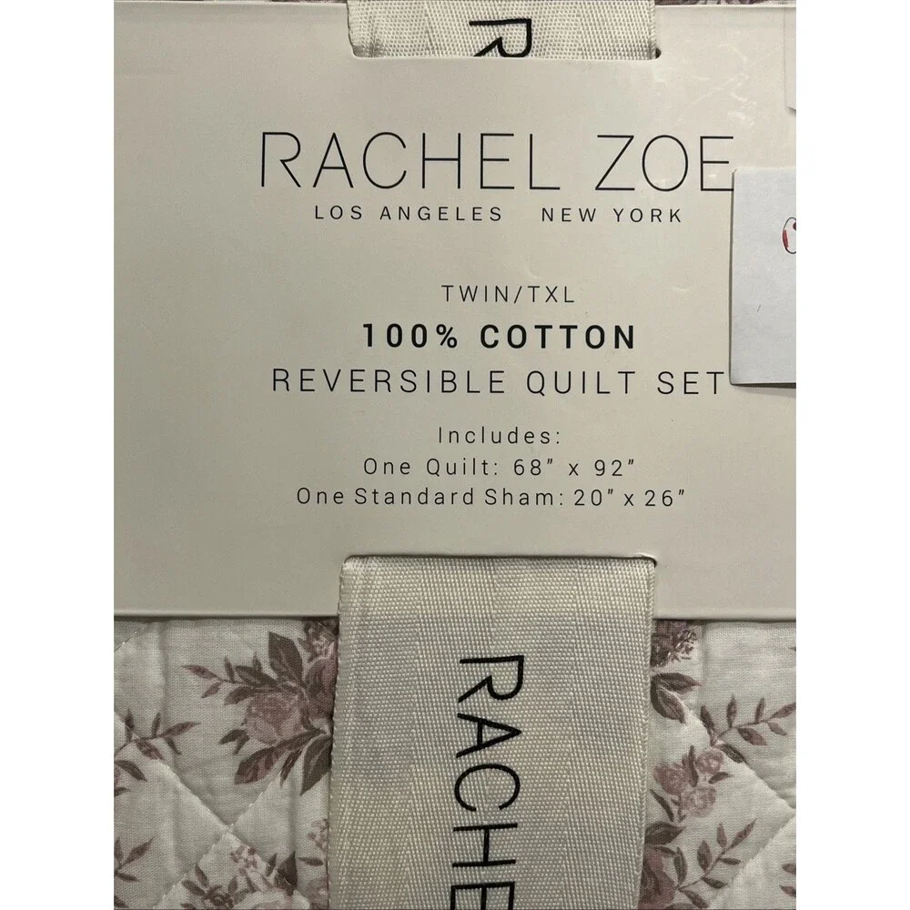 Rachel Zoe TWIN XL Floral Cotton Reversible Quilt Set Ruffles Pink Gingham New
